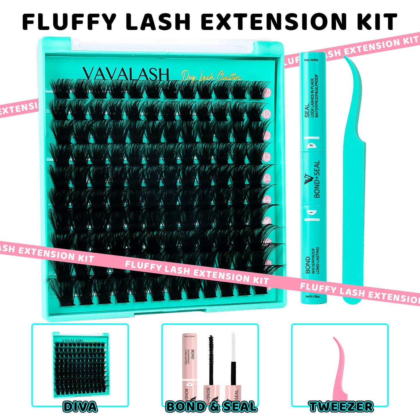 VAVALASH DIY Lash Extension Kit Diva Volume Lash Clusters 10-18mm Magic 088 Cluster Lashes DIY Individual Eyelash Extension Kit with Lash Bond and Seal Glue, Lash Applicator(Diva,10-18MIX)