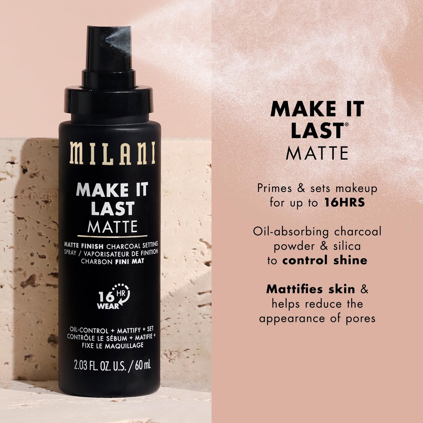 Milani Make it Last Matte - Matte Finish Charcoal Setting Spray- Cruelty-Free Makeup Primer and Setting Spray for Oily Skin - Long Lasting Finishing Spray (2.03 Fl. Oz.)