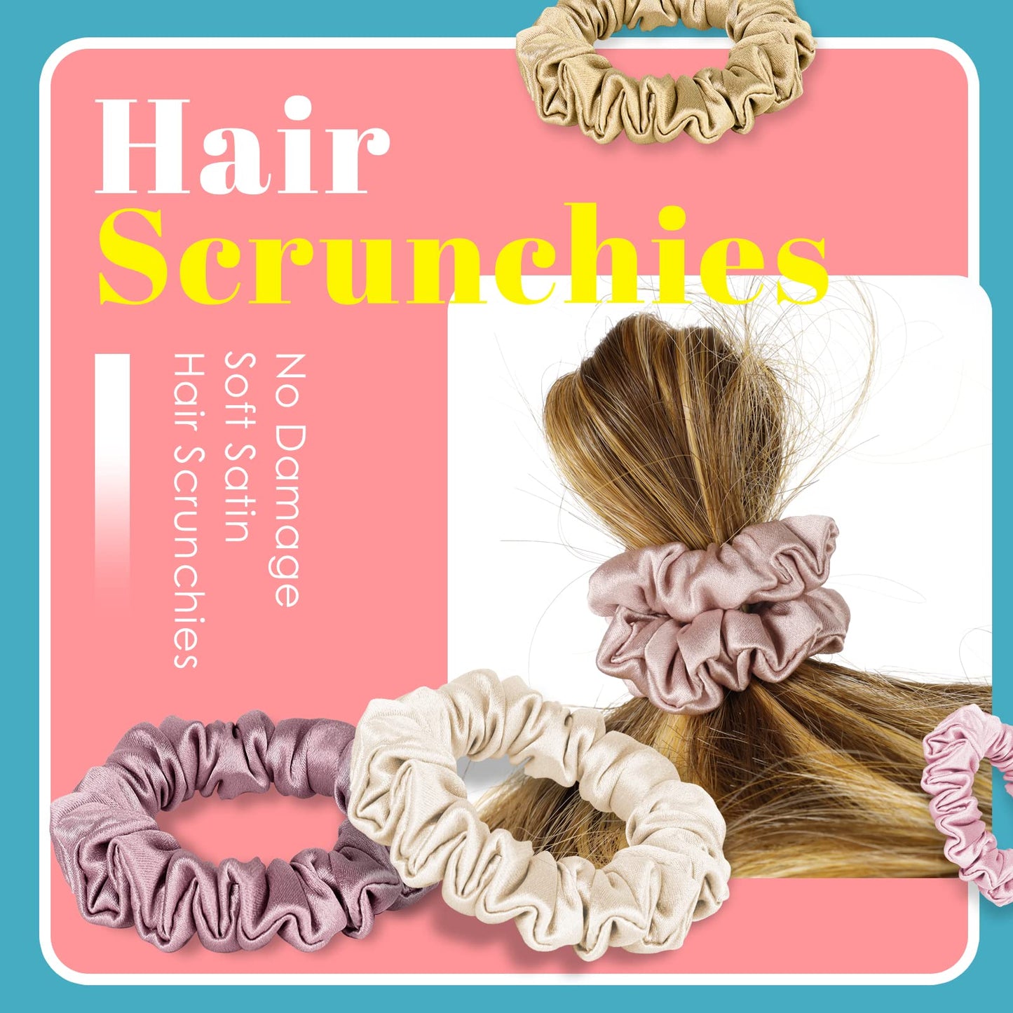 VOHALA 30 Momme Mulberry Small Silk Scrunchies, 5PCS Skinny Silk Scrunchies for Hair & 2PCS Strong Hair Ties Ponytail Holder, Total 7PCS No Damage Luxury Hair Ties for Women (Black+Champagne+Pink+Bean