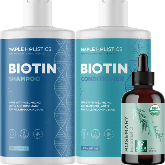 Maple Holistics Volumizing Hair Bundle - Large Sizes Biotin Shampoo, Conditioner, and Pure Rosemary Essential Oil