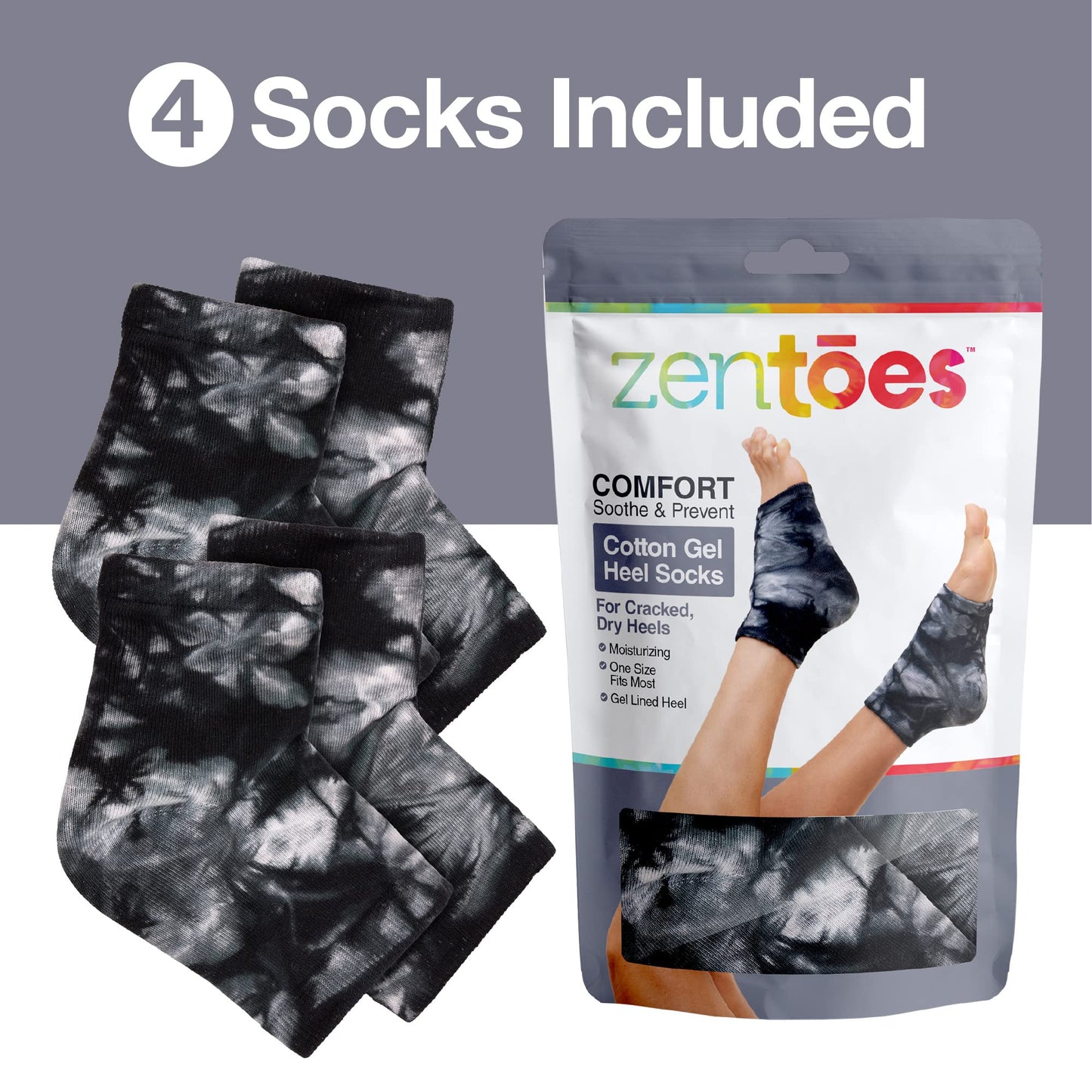 ZenToes Moisturizing Heel Socks 2 Pairs Gel Lined Toeless Spa Socks to Heal and Treat Dry, Cracked Heels While You Sleep (Regular, Black Tie Dye)