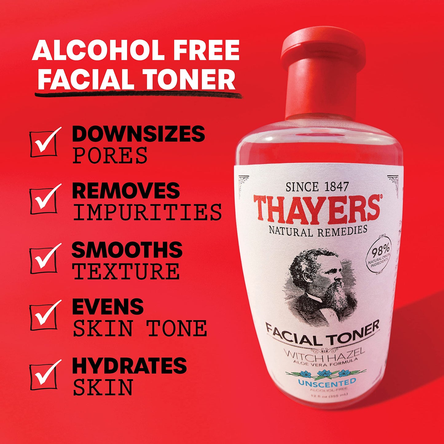 THAYERS Alcohol-Free, Hydrating, Unscented Witch Hazel Facial Toner with Aloe Vera Formula, Vegan, Dermatologist Tested and Recommended, 12 Oz