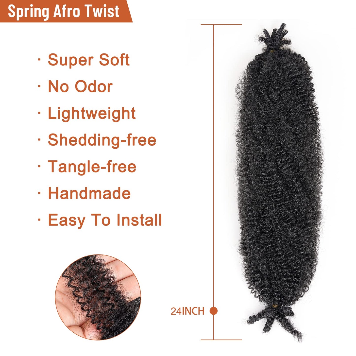 Toyotress Springy Afro Twist Hair - 24 Inch 6 Packs Natural Black Pre-Fluffed Spring Twist Hair for Butterfly Faux Locs Crochet Braids, Long Marley Twist Braiding Hair (24 Inch, 1B-6P)