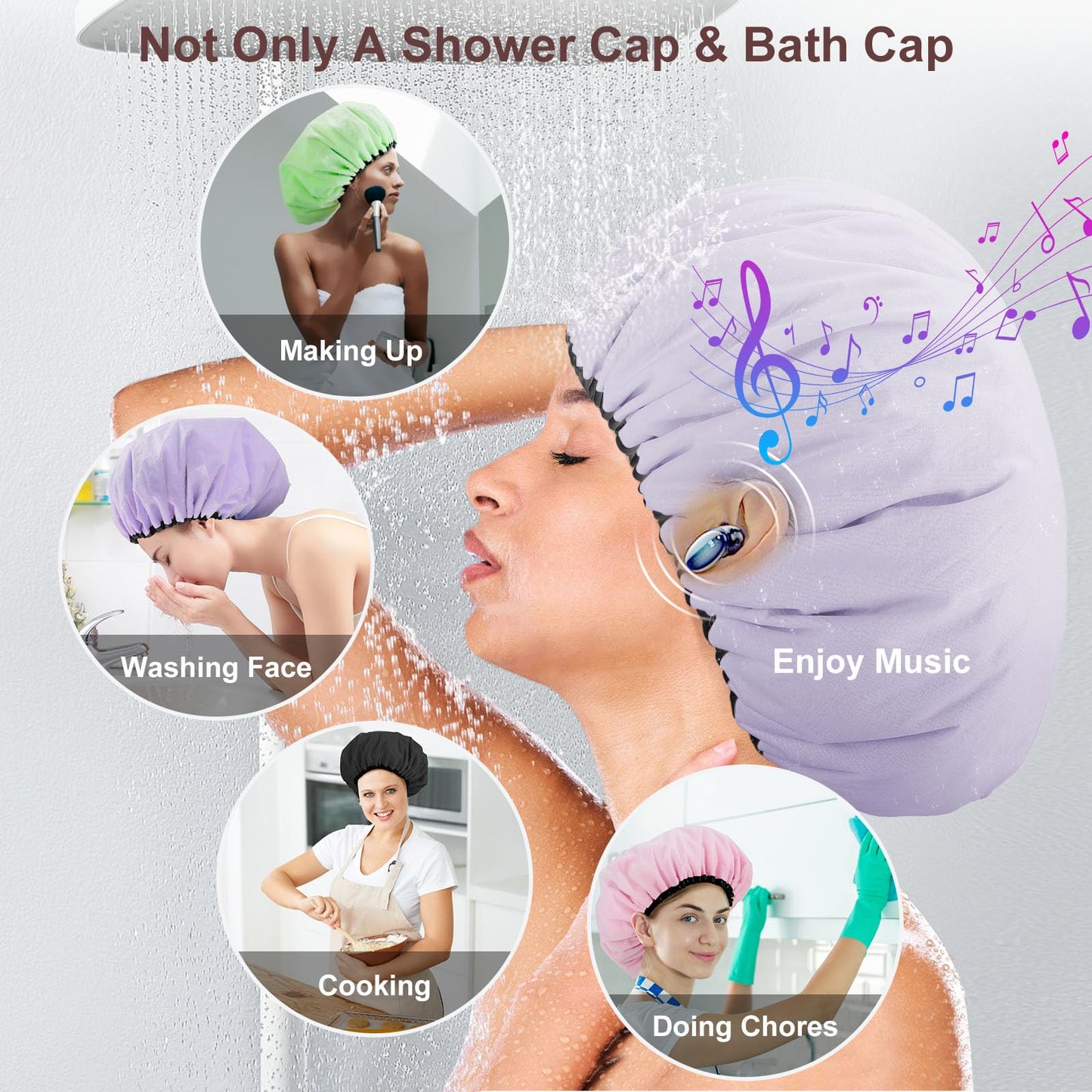 Sheomern 2 Pcs 13.5" Dual Waterproof Design Adjustable Terry Shower Cap for Women and Men, EVA Double Layer Bath Cap Reusable for Braids, Long Hair, Dreadlocks