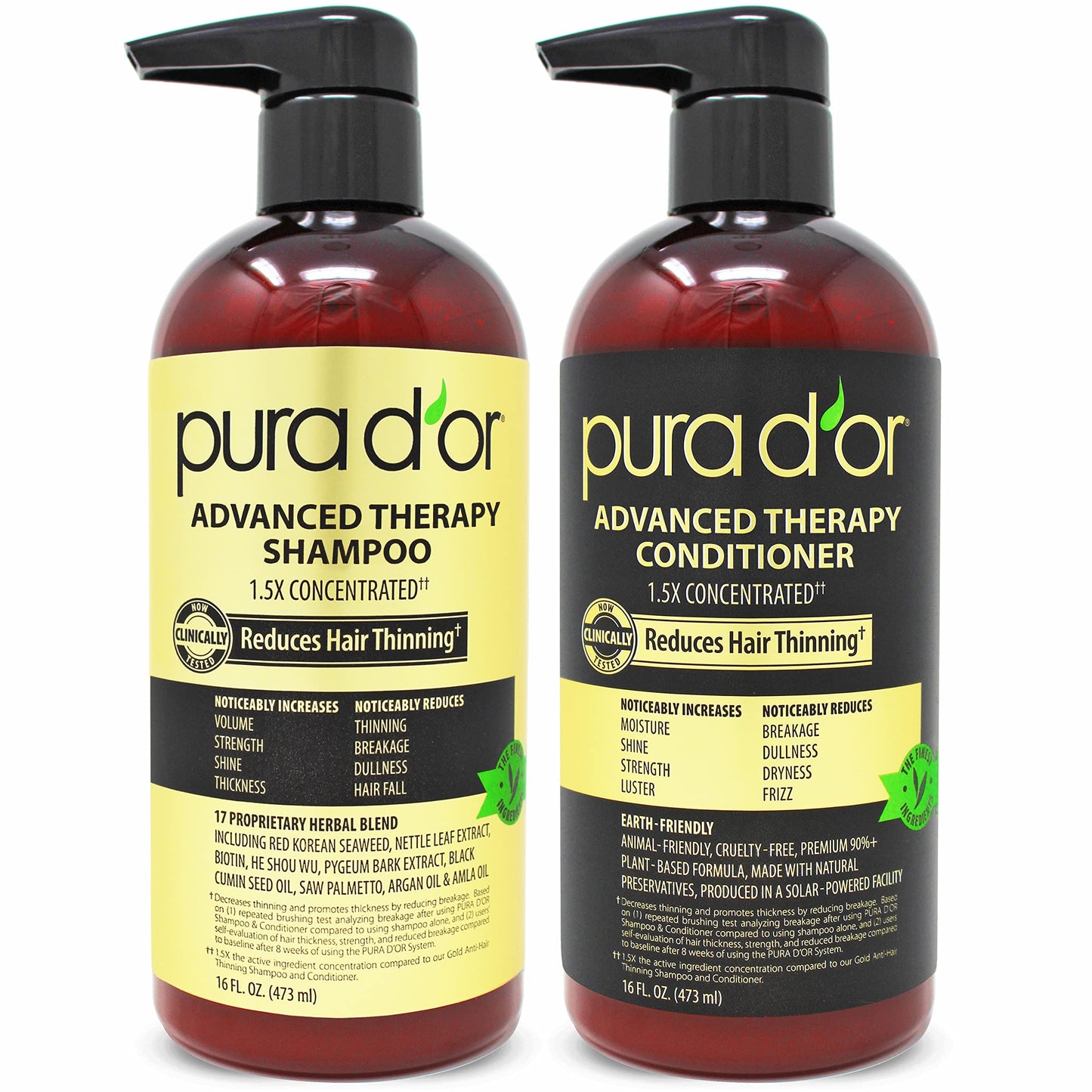 PURA D'OR Anti-Thinning Advanced Therapy Biotin Shampoo & Conditioner Hair Care Set, Clinically Proven, DHT Blocker Hair Thickening Products For Women & Men, Natural Daily Routine Shampoo, 16oz x 2 and PURA D'OR Scalp Therapy Energizing Scalp Serum Revita