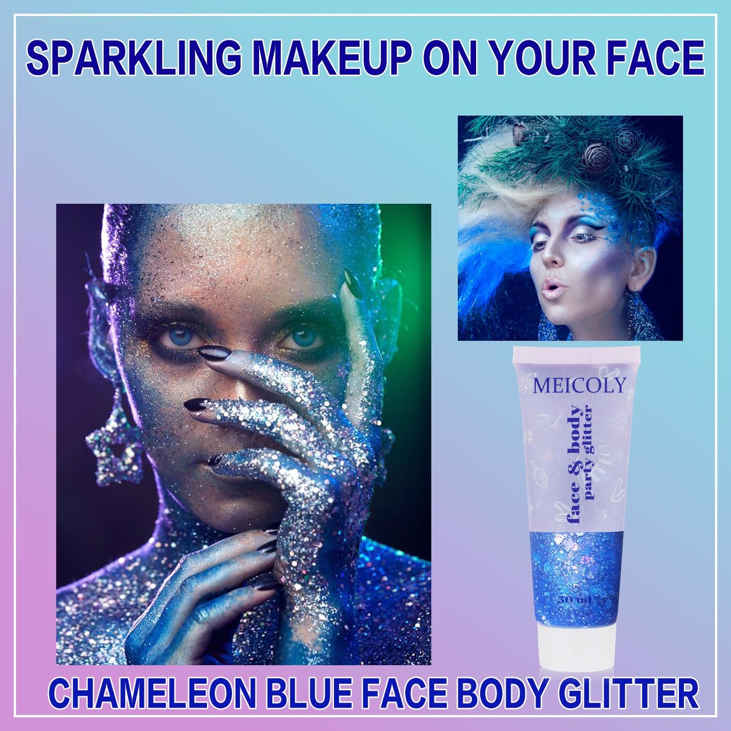 MEICOLY Chameleon Blue Body Glitter,Chunky Face Glitter Gel,Color Changing Mermaid Singer Concerts Glitter,Sparkling Glitter for Face Body Hair,Halloween Festival Party Glitter Makeup,50ml