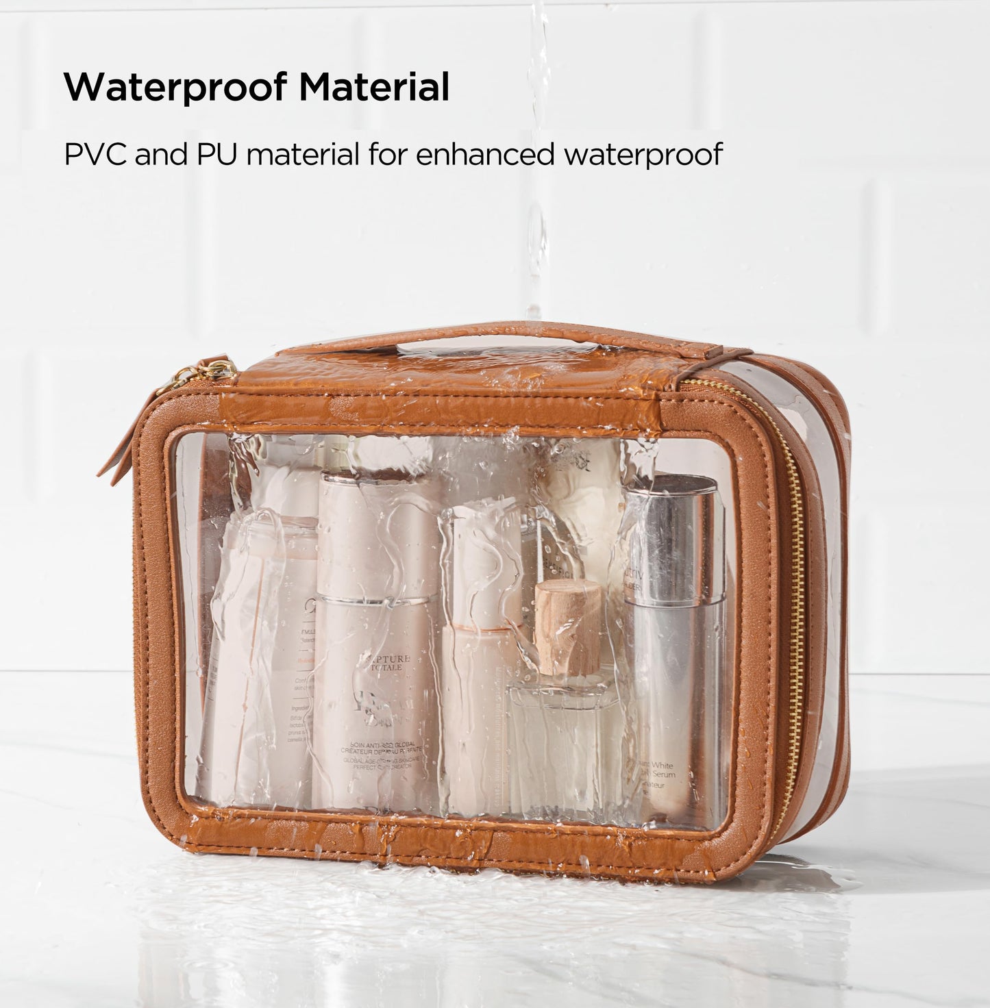 Vorey X-Large Clear Makeup Bag for Women, Portable Travel Makeup Bag Organizer Waterproof Toiletry Bag Cute Makeup Bags Cosmetic Bag Makeup Pouch, Brown