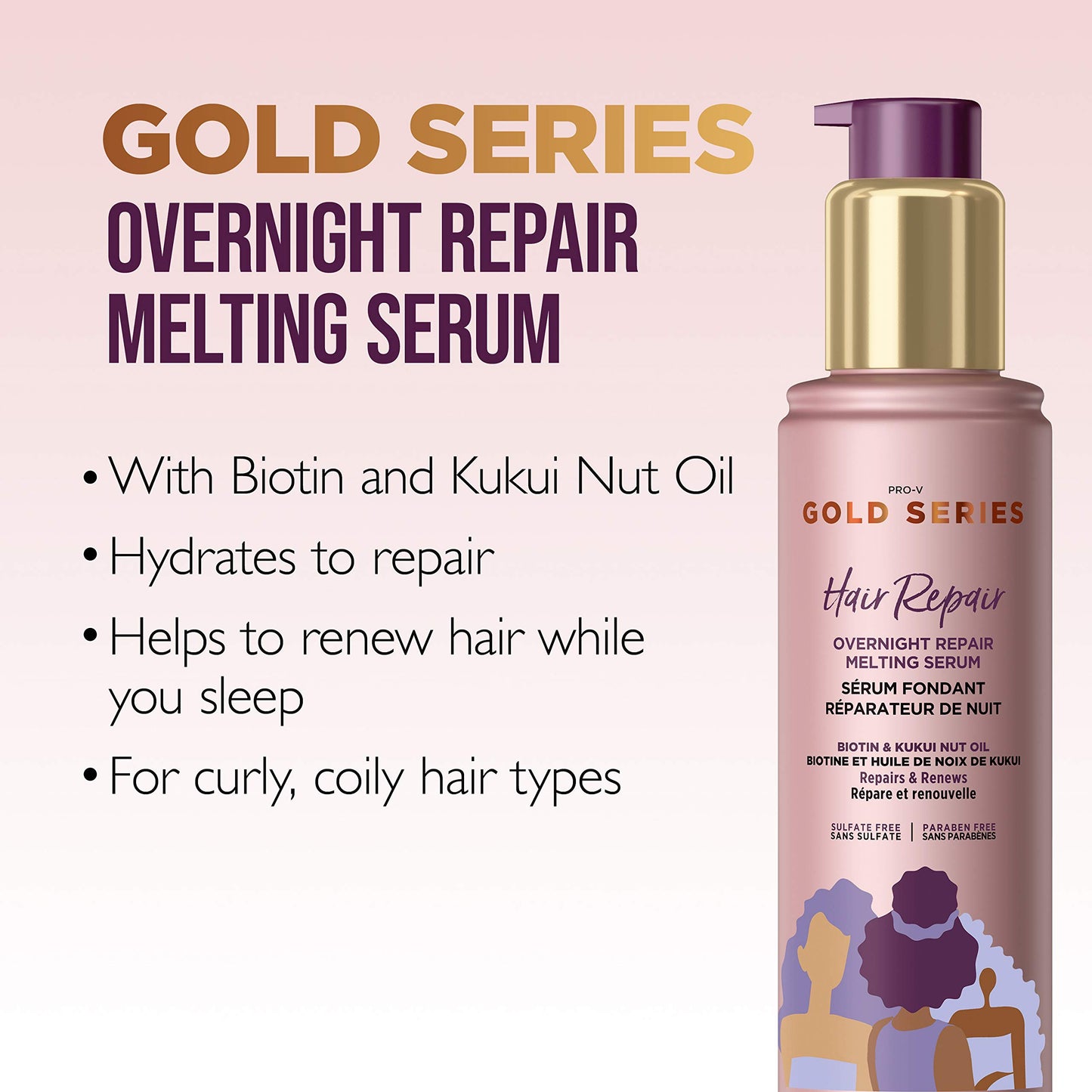 Pantene Hair Serum Gold Series Overnight Repair with Biotin and Kukui Nut Oil, Natural Products, Sulfate Free, 3.2 Fl Oz