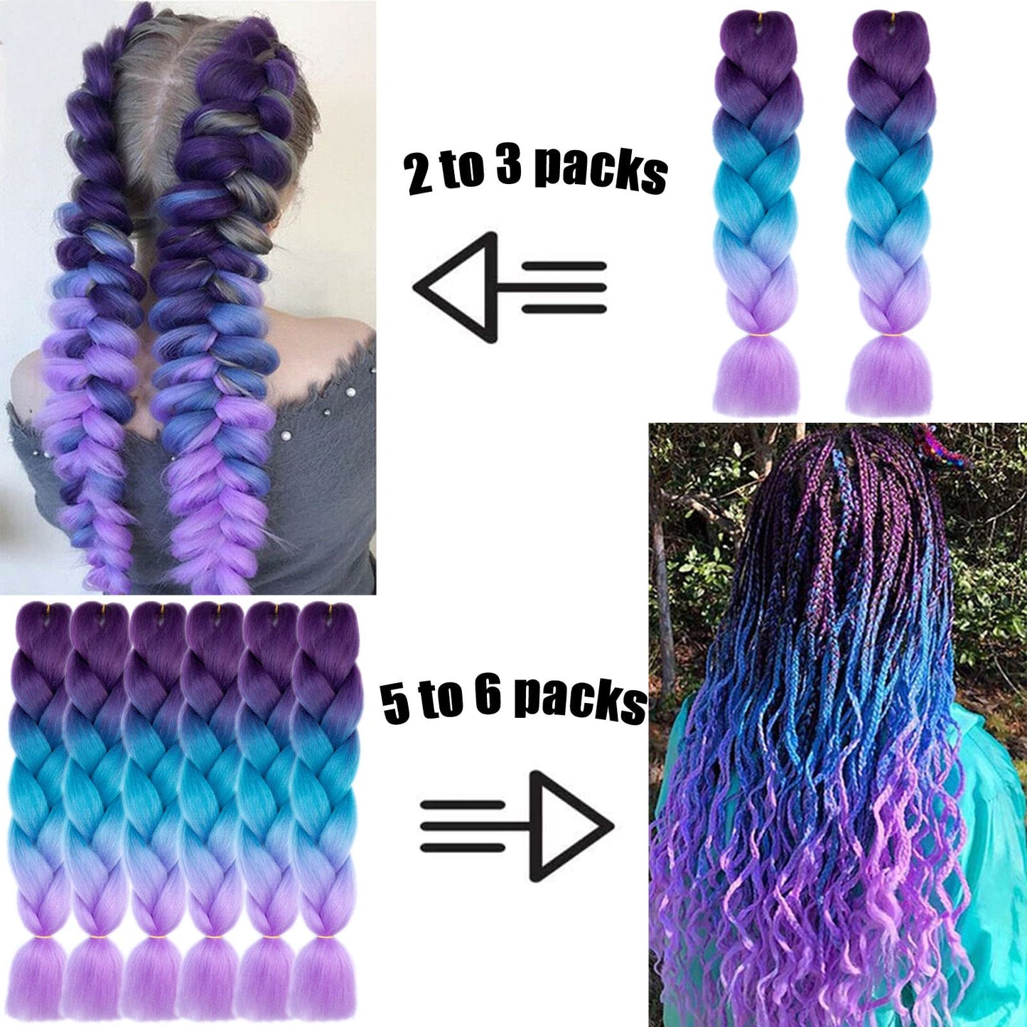 Ombre Braiding Hair Extensions for Women 6 Packs/24 Inch Braiding Hair Fiber Crochet Hair for Box Braids Senegal Twist Hair Extensions(24" (Pack of 6),Black to Dark Blue)