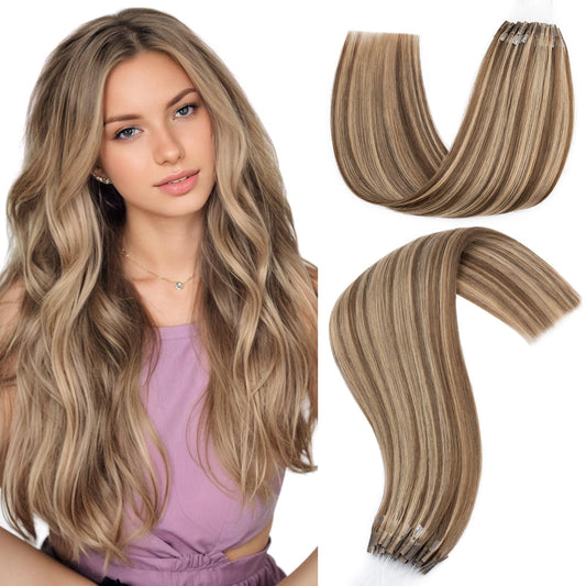 Hairro U Tip Human Hair Extensions Micro Ring Keratin Glue U-tip Hot Fusion Remy Hair Balayage Highlight Color 18 inch 50g 50 Strands #4YP27 Medium Brown Mixed with Dark Blonde