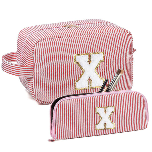 Avgiedy 2Pcs Makeup Bag, Cute Cosmetic Bag, Personalized Initial Preppy Large Capacity Travel Makeup Bag Organizer, Makeup Bag is for Mother, Wife, Friends Birthday, Valentine's Day Gifts-Pink