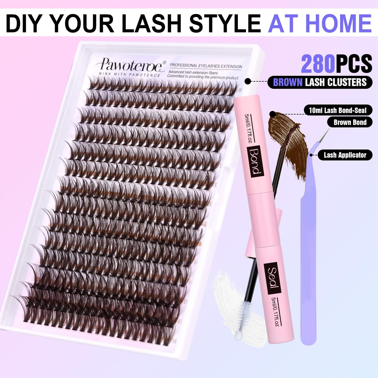 Pawotence Lash Extension Kit DIY 280pcs Brown Lash Clusters Eyelash Extension Kit 40D Curl 9-16mm Individual Lashes Kit with Lash Bond and Seal Lash Tweezers for Self Use (BROWN-40D-9-16MIX KIT)