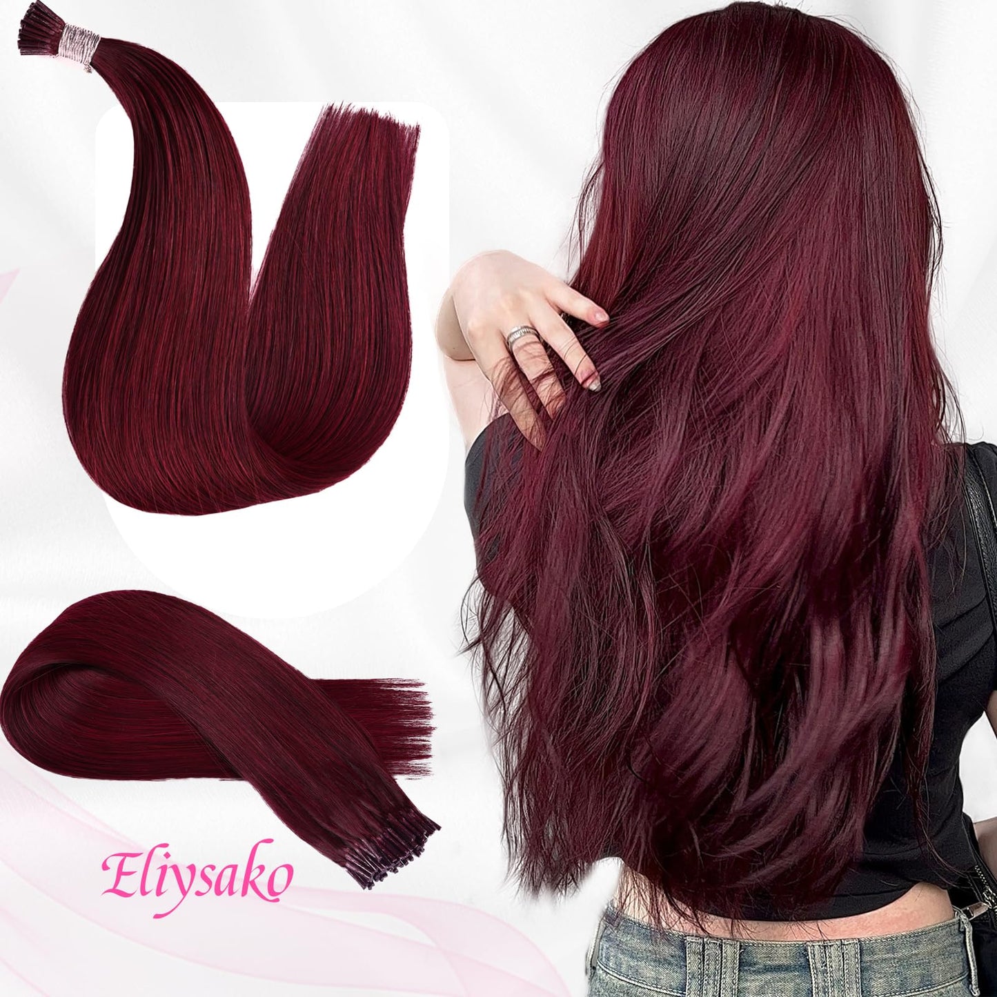 Microlink Hair Extensions Human Hair 50g 22inch(#99J) Wine Red Micro Link Hair Extensions Human Hair Microbead Hair Extensions Microloop Hair Extensions Human Hair For Women