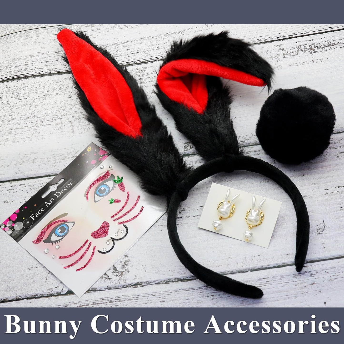 RechicGu 4 Pcs Halloween Bunny Costume Accessories Set Plush Bunny Ears Headbands Bunny Tail Rabbit Headwear Costume Hair Accessories for Women Party Prom Cosplay Easter Black Red