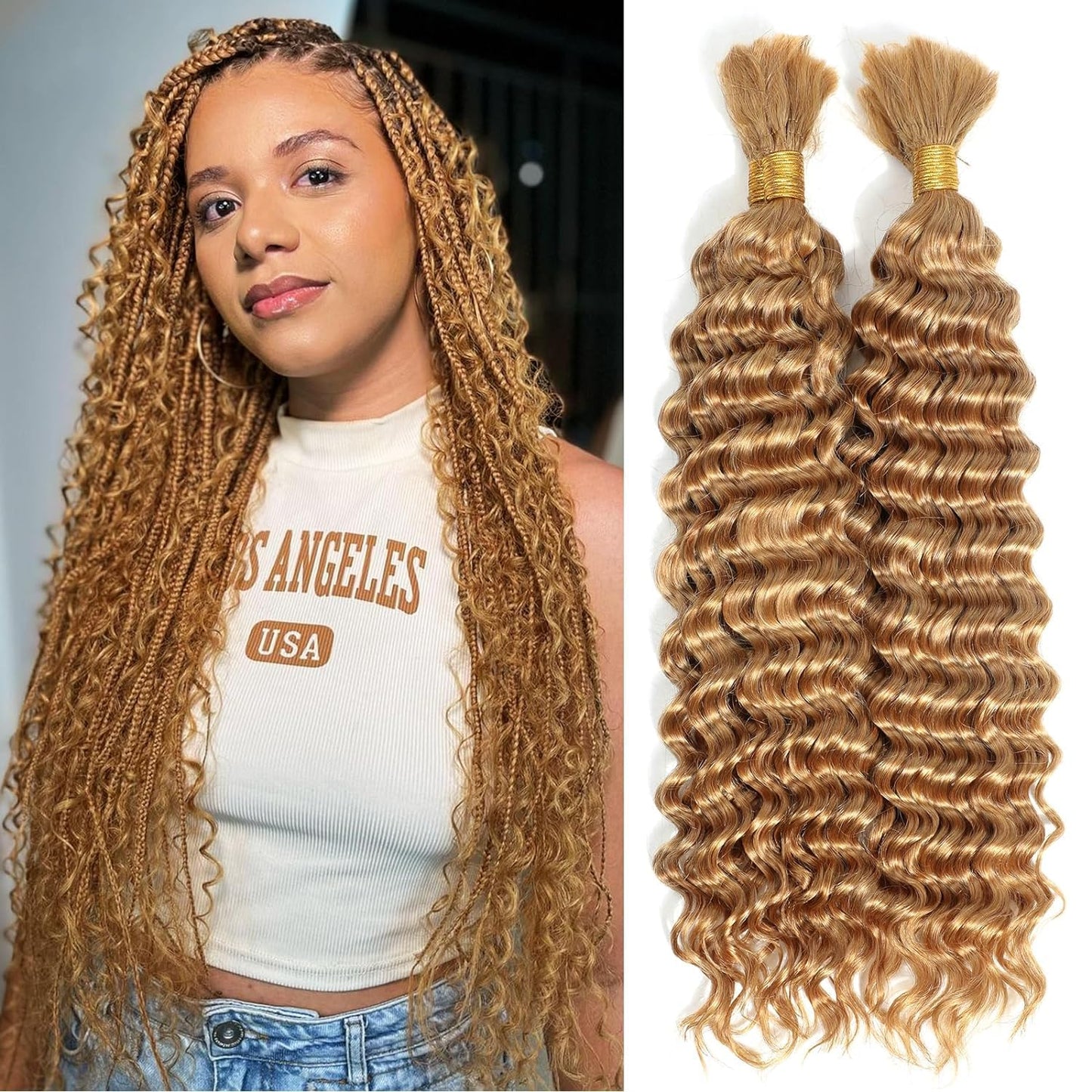 Luxvogue Curly Braiding Human Hair 100g 22 Inch Color 27 Honey Blonde Deep Water Wave Bulk Human Hair for Braiding No Weft Brazilian Virgin Deep Curly Human Hair Extensions for Boho Braids