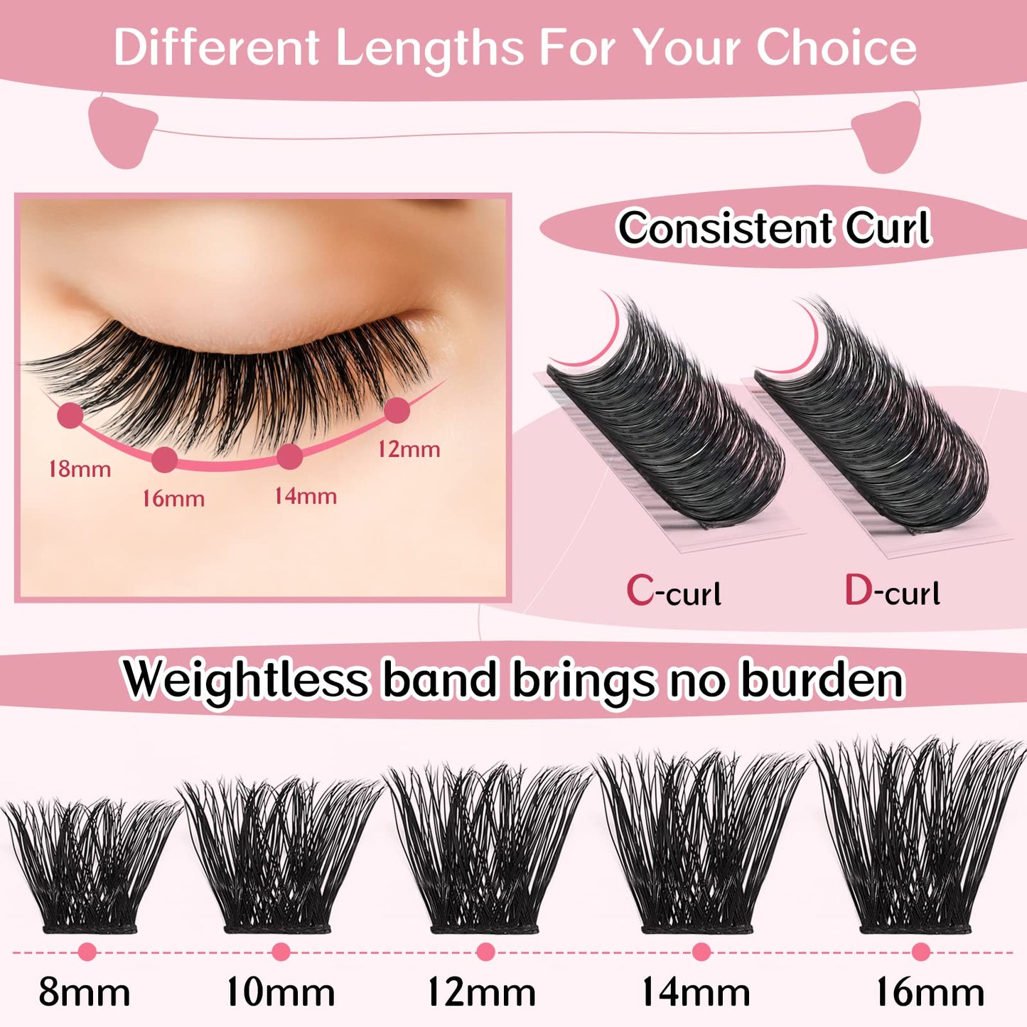 Cluster Lashes 72 Pcs Lash Clusters DIY Eyelash Extension Individual Lashes Into You-02 D-12mm Thin Band Easy to Apply at home Lashes