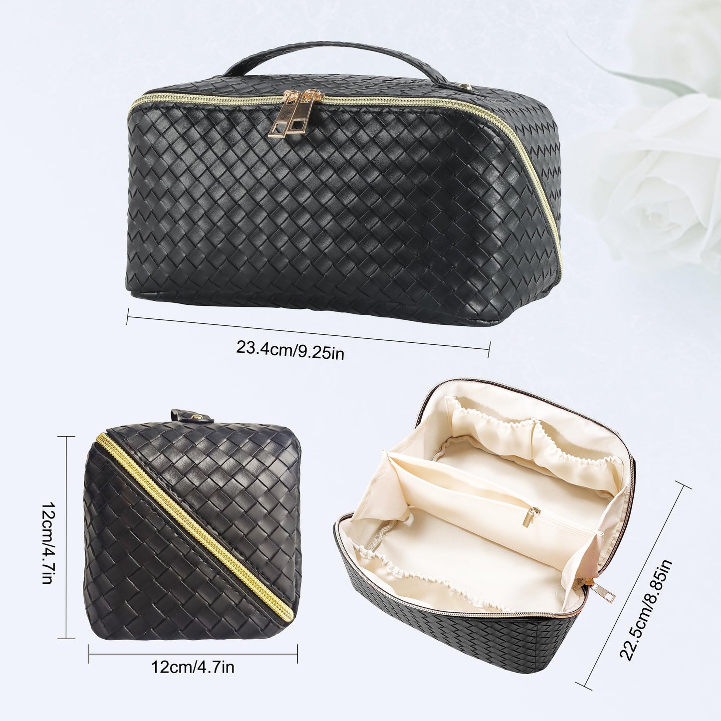 Mountain Land Large Capacity Travel Cosmetic Makeup Bag PU Leather Waterproof Women Portable Toiletries With Handle and Divider Flat Lay Organizer Woven Black