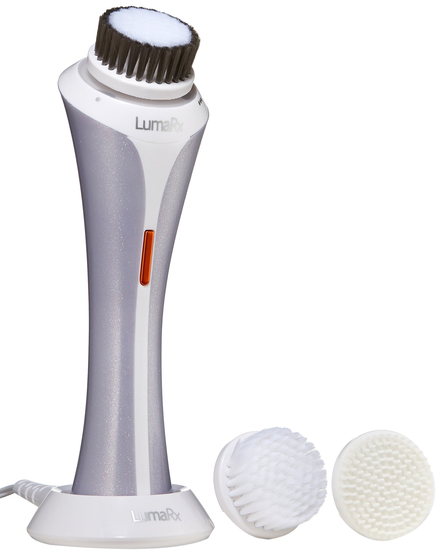 LumaRx Facial Cleansing Brush with 1-Minute Pulsing Timer and LED Speed Indicator Light, Rechargeable and Showerproof, White/Silver