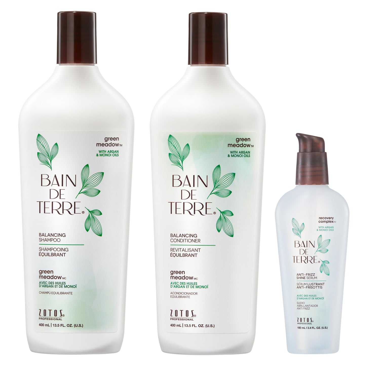 Bain de Terre Balancing Shampoo and Conditioner Set & Shine Serum | Green Meadow | Restores Optimal Balance for Normal, Oily Hair | Paraben Free | Color-Safe | 13.5 Fl Oz