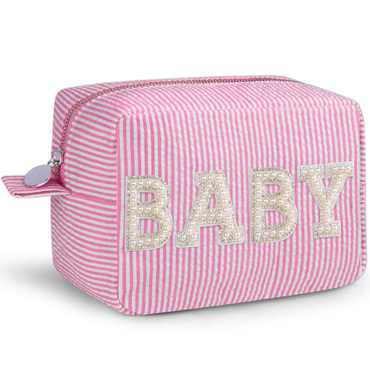 QFDS Gift for Baby,Birthday Gifts for Women,Mother Baby,Mom,BaBy,Bling Pearl Rhinestone Zipper Pouch,Large Stripe Makeup Bag Cosmetics Bag Diaper Bag(Pink-BABY)