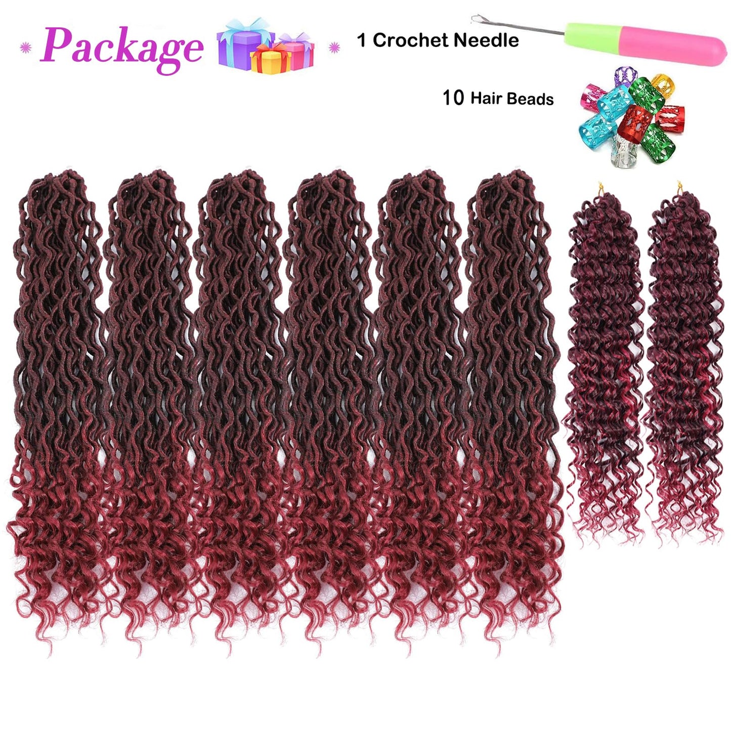 Burgundy New Goddess Locs Crochet Hair 8 Packs 18inch River Locs Crochet Hair Curly Faux Locs Crochet Hair with Curly End Boho Faux Locs Synthetic Hair Extentions(18" T1B/BUG#)