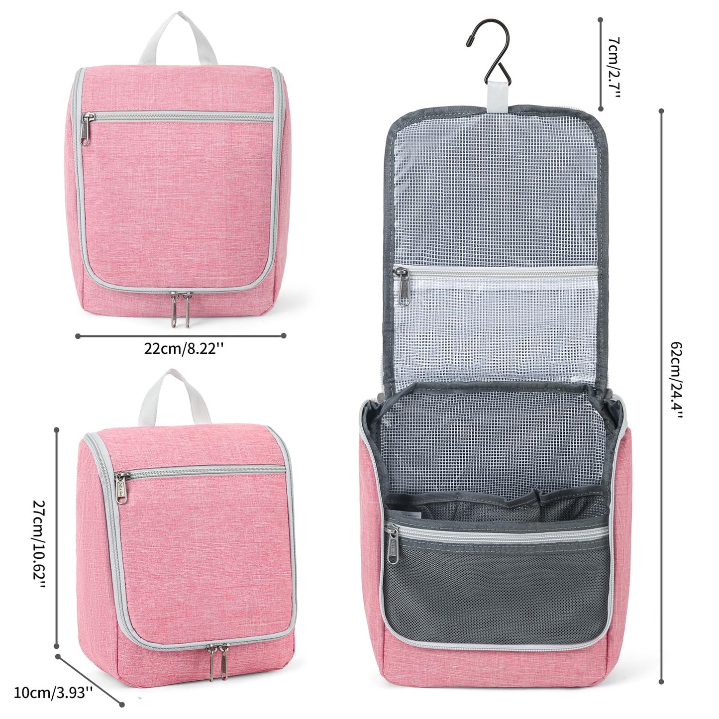 Della Gao Hanging Travel Toiletry bag for Women, Water-resistant Durable Nylon Toiletries Organizer for Cosmetics, Makeup Brushes, Bathroom Bag, Pink