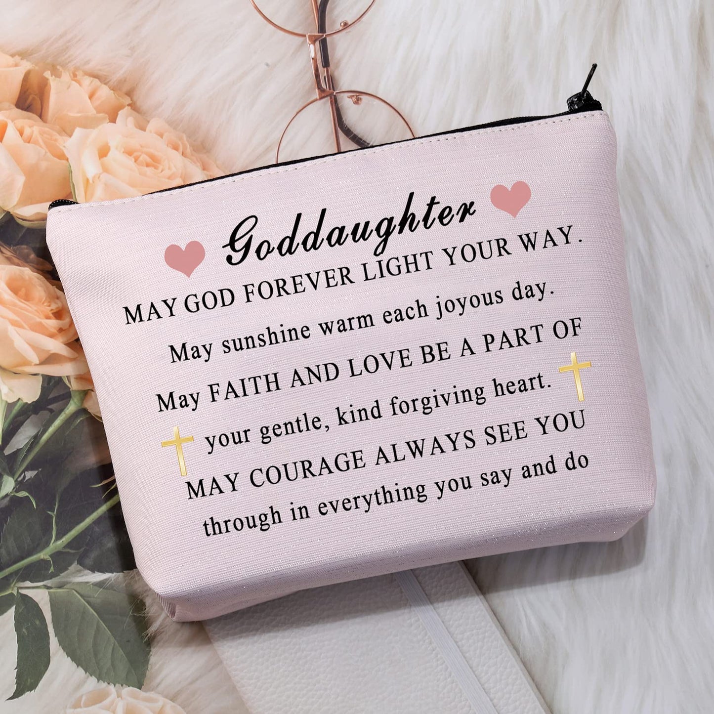 CMNIM Goddaughter Gifts Makeup Bag Goddaughter Religious Gifts Goddaughter Cosmetic Bag Zipper Pouch May God Forever Light Your Way (Goddaughter Makeup Bag Pink)