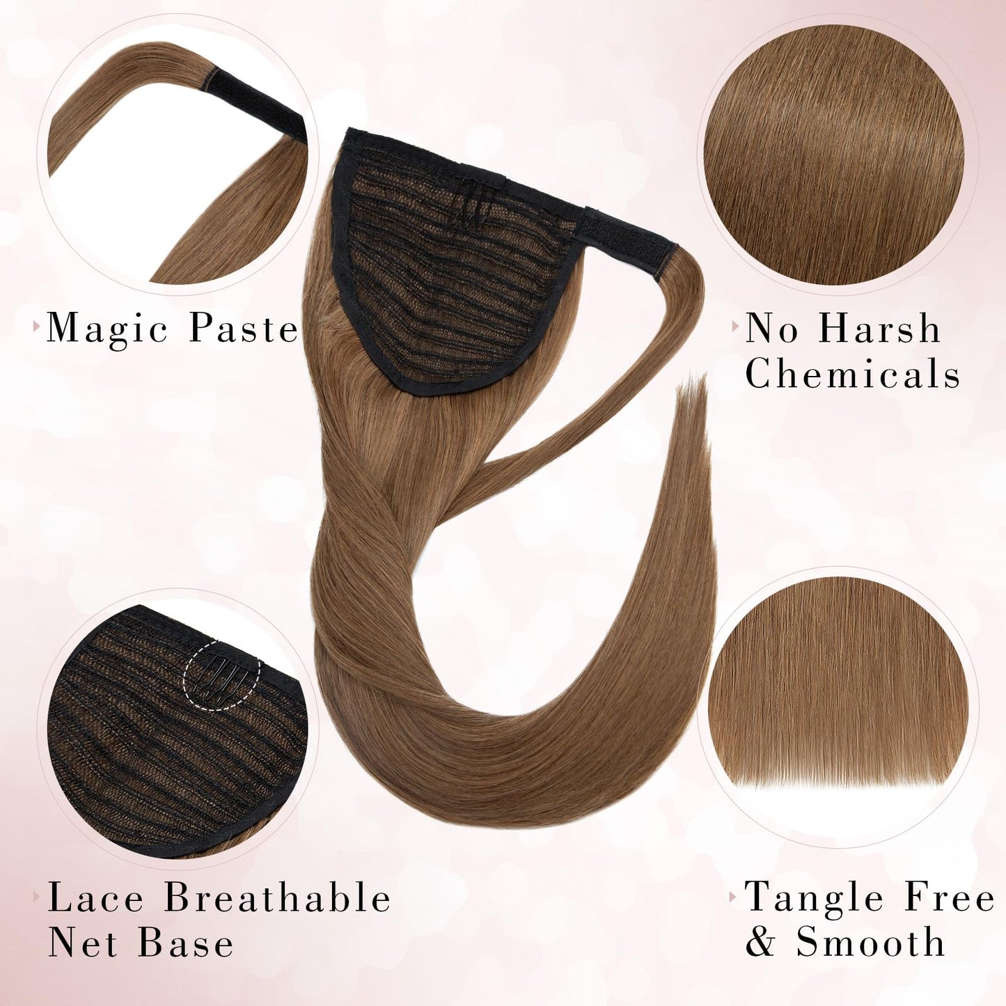 SEGO Pro Ponytail Extensions Human Hair Long Straight Ponytail Hair Extensions with Magic Paste Wrap Around Clip in Ponytail Extensions Real Human Hair,16inch #6 Light Brown,80g