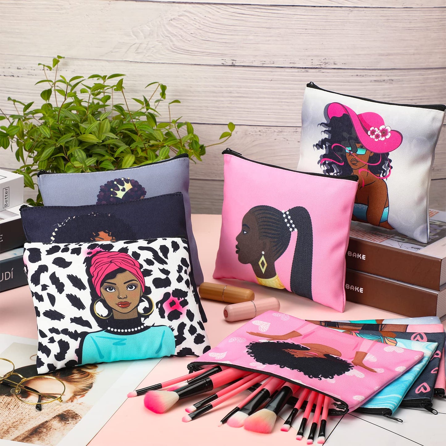 Sweetude 20 Pieces African American Cosmetic Bags Black Women Makeup Bags Afro Queen Canvas Makeup Bags Zipper Pouches for Women Melanin Art Toiletry Purse Travel Accessories Inspirational Gift