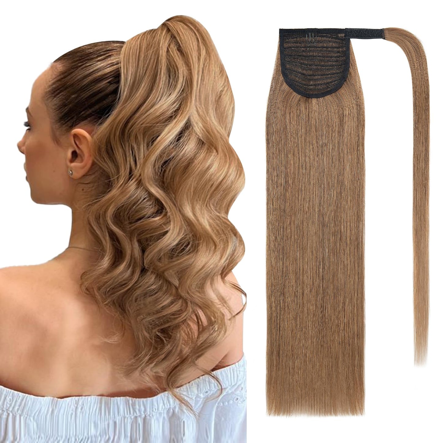 SEGO Pro Ponytail Extensions Human Hair Long Straight Ponytail Hair Extensions with Magic Paste Wrap Around Clip in Ponytail Extensions Real Human Hair,16inch #6 Light Brown,80g