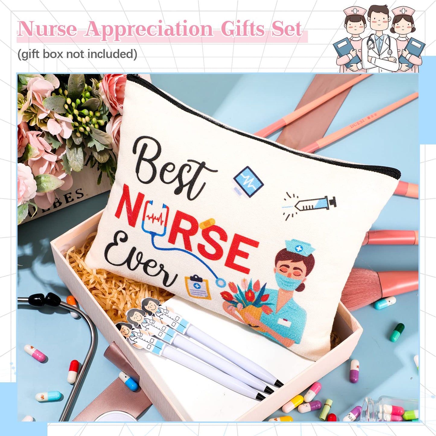 24 Pieces Nurse Appreciation Gifts Set, 12 Nurse Makeup Cosmetic Bag with 12 Cute Doctor Nurse Ballpoint Pens, Nurse Practitioner Gifts Christmas Gifts Nurse Week Day Gifts for Nurse (Classic Style)