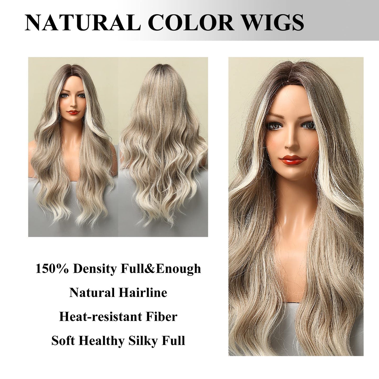 INSGOGO Long Body Wavy Ombre Blonde Wigs for Women 26 Inch 150 Density Heat Resistant Synthetic Wig Natural Middle Part Colored Wig for Cosplay Party