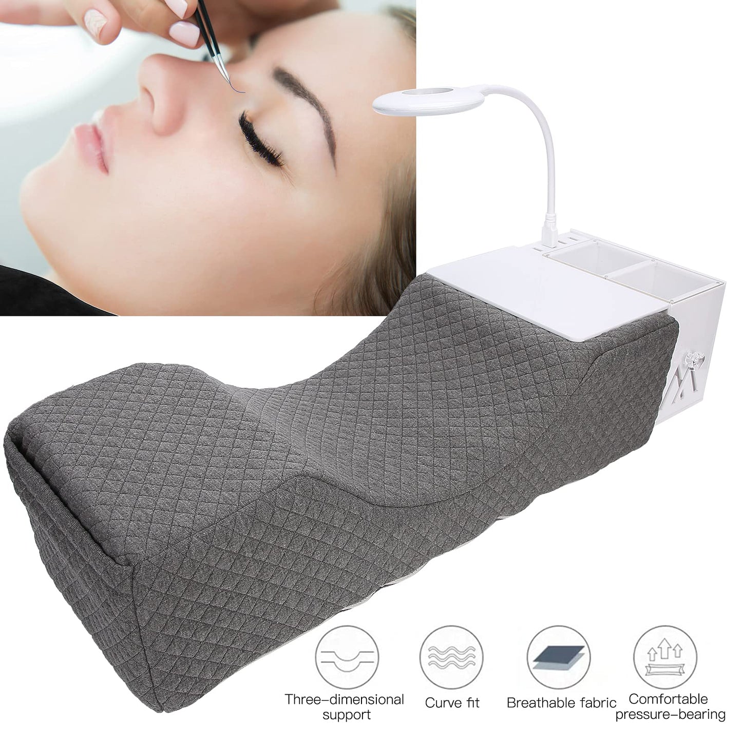 Eyelash Extension Neck Pillow with Acrylic Shelf Organizer Stand, Ergonomic Curve Lash Extension Grafting Pillow with USB Desk Lamp Makeup Tool Organizer Display Shelf