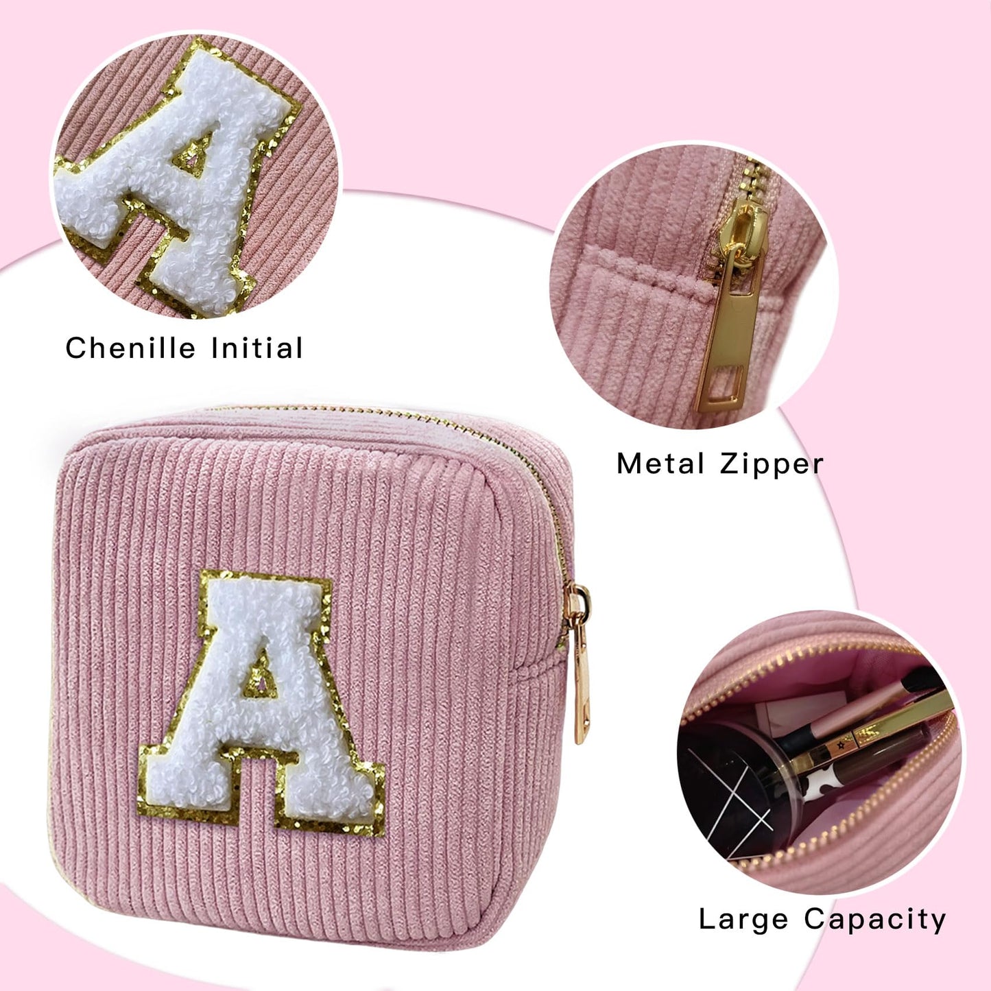 Aganmi Makeup Bag,2Pieces Cosmetic Bag Preppy Small Travel Toiletry Pouch Personalized Storage Bag Chenille Initial Large Hygiene Organizer Case for Christmas Thanksgiving Gifts(Pink D)