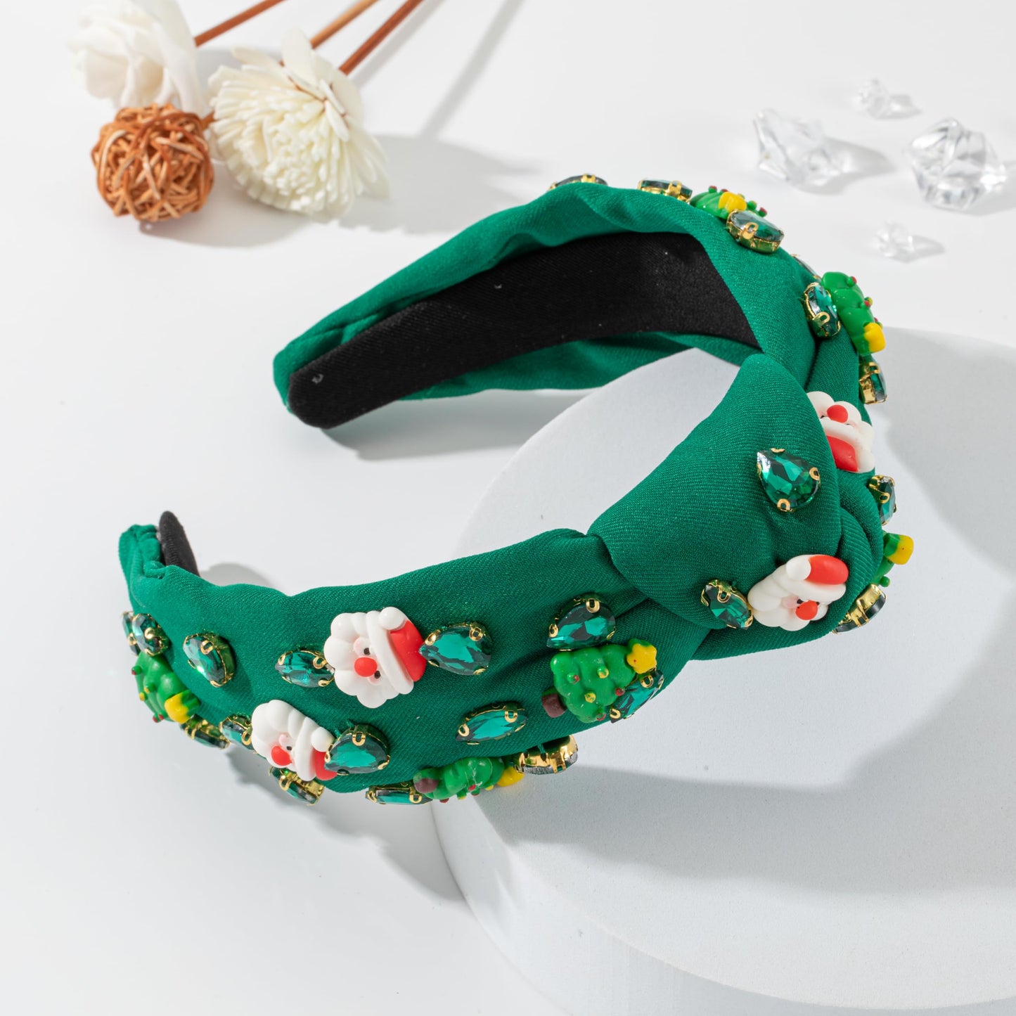 Mixcbe Christmas Jeweled Headband for Women Green Crystal Xmas Tree Santa Embellished Knotted Hairband ladies Twist Wide Green Hair Band (Christmas green-Tree Santa)