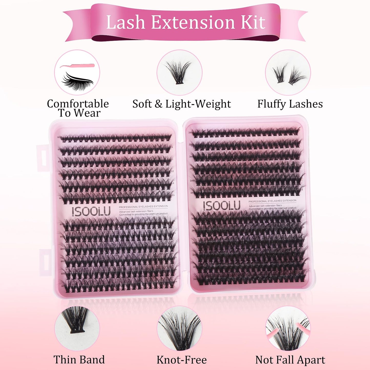 ISOOLU DIY Volume Lash Clusters 480pcs Lash Extension Kit Lash Extension Kit，40D+50D 9-16mm with Cluster Lashes，2pcs Bond and Seal，Lash Tweezers，Eyelash Brush.