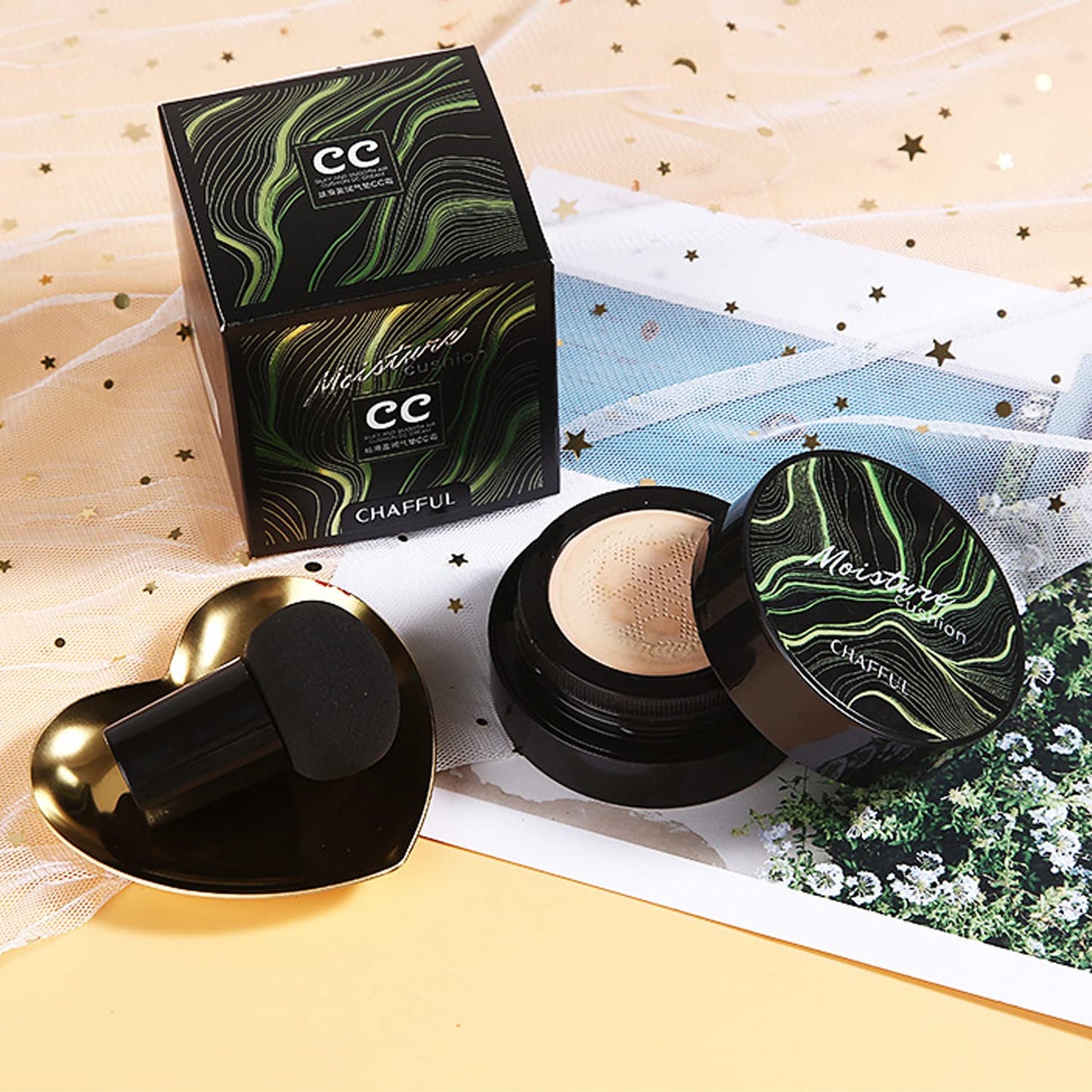 Mushroom Head Air Cushion CC Cream Natural Foundation,Phoera Powder, Bright Makeup Base Long Lasting with Makeup Sponge and Flat Top Kabuki Foundation Brush (#04 Buff Beige)