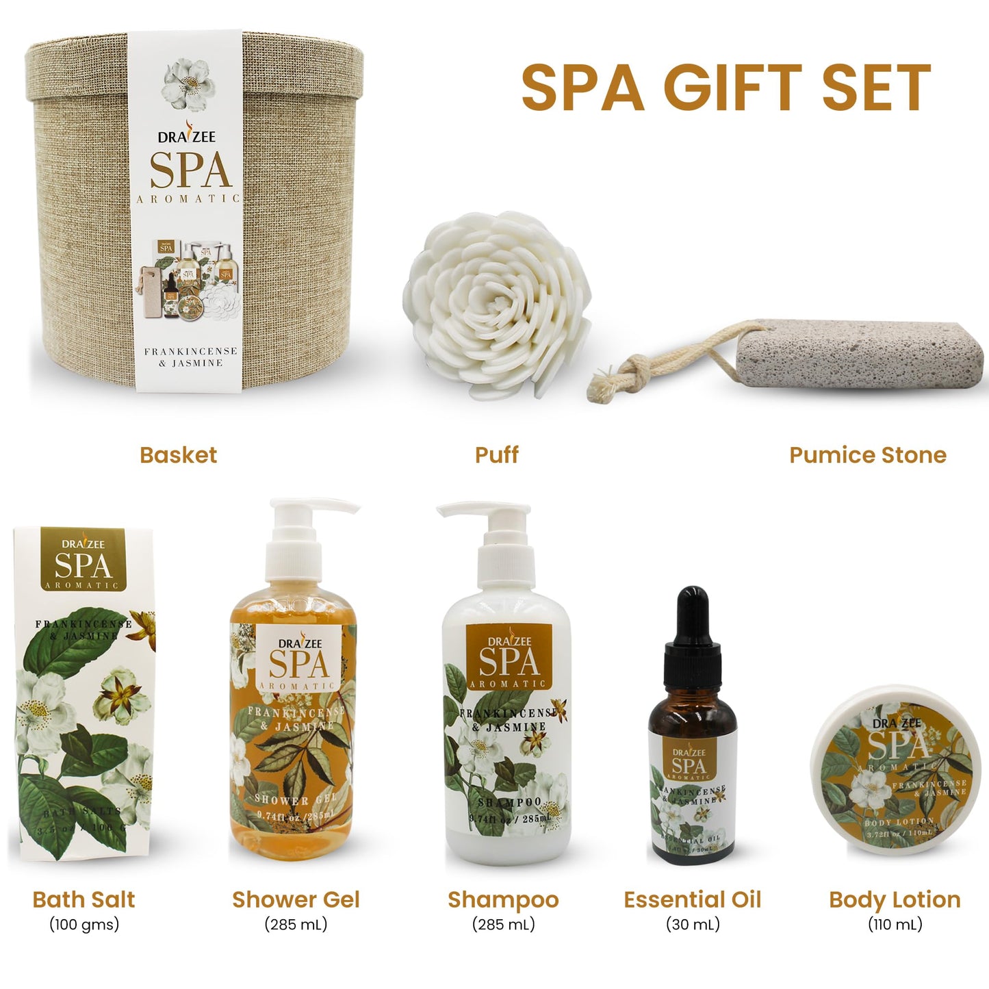 Gifts for Mom - Spa Basket For Women 9 Pcs Frankincense & Jasmine Scented Relaxation Set Includes Bath and Body Lotion & Butter, Shower Gel, Bubble Bath, Oil - Mother's Day Gifts Basket by Draizee