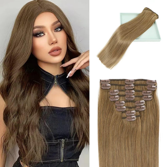 LORIEN Clip in Hair Extensions Real Human Hair 90g Clip in 100% Human Hair Extensions 8pcs Per Set with 18Clips Double Weft (22 Inch, 6 Medium Brown)