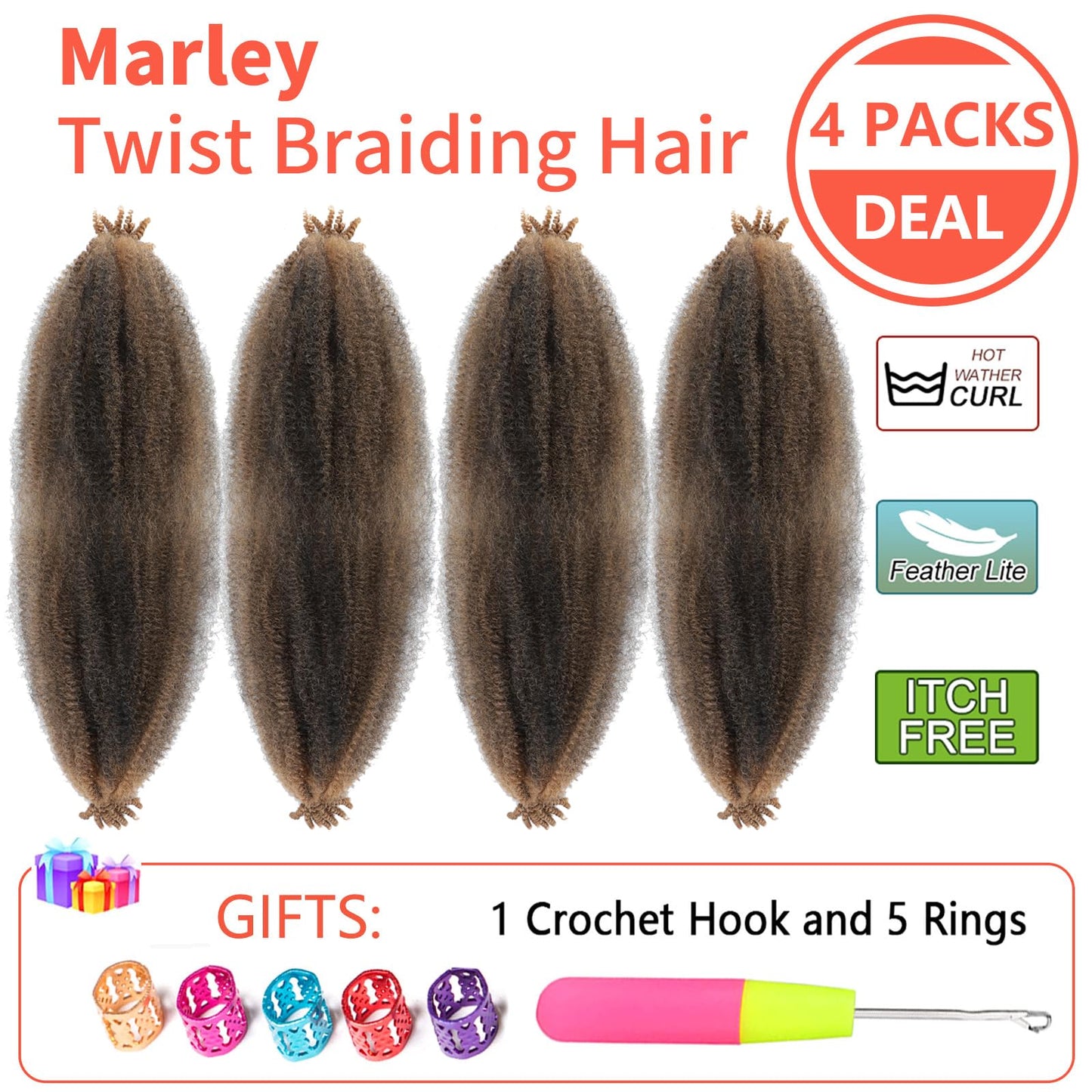 Anemoi Marley Twist Braiding Hair, 10 Inch 4 Packs Springy Afro Kinky Twist Hair For Braiding,Pre-Fluffed Spring Twist Hair, Twisted Up Marley Hair For Black Women Crochet Braids(10inch,4packs,T27#)