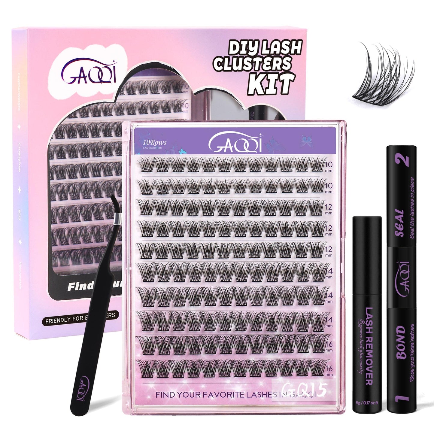 GAQQI Lash Clusters Kit, DIY Lash Extension Kit 120PCS Cluster Lashes D Curl, Wispy Eyelash Clusters 10-16MM with Lash Bond and Seal,Lash Remover and Lash Applicator (GQ15-D CURL-KIT)