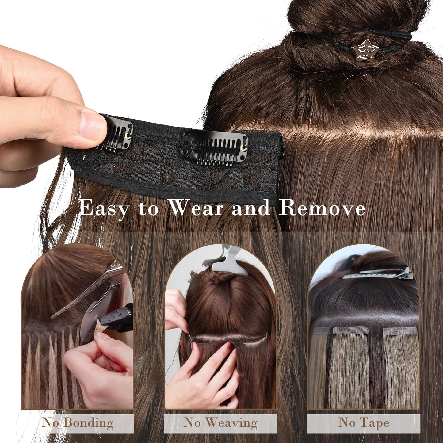 REECHO Hair Extensions, 4PCS Clip in Hair Extensions HE001 Natural Soft Synthetic Hairpieces for Women, Ash Brown with Platinum Blonde Highlights