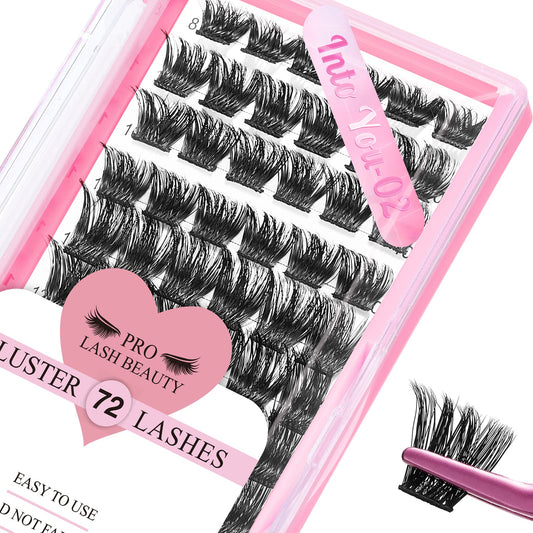 Cluster Lashes 72 Pcs Lash Clusters DIY Eyelash Extension Individual Lashes Into You-02 D-12mm Thin Band Easy to Apply at home Lashes