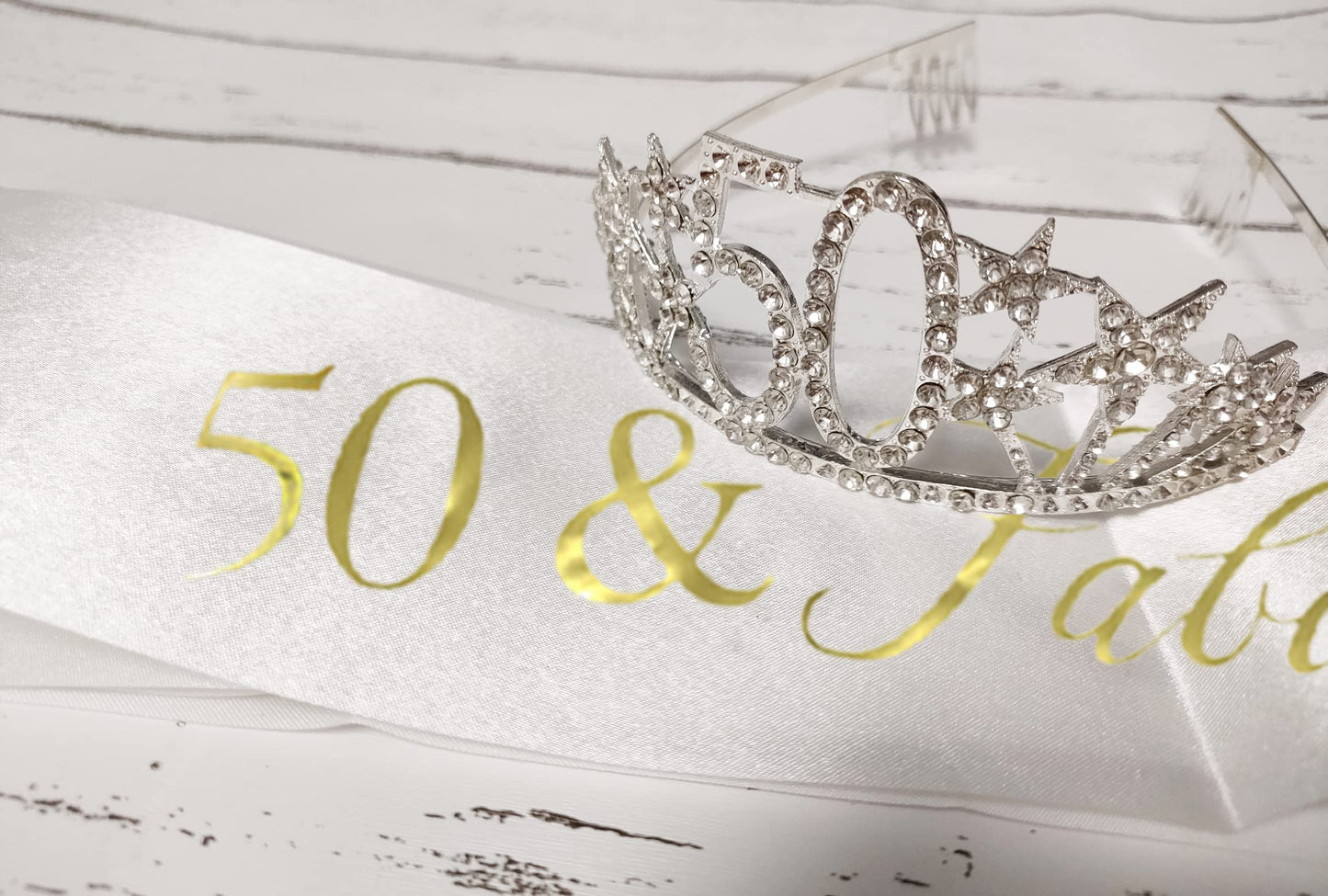 Happy 50th Birthday Tiara and Sash Gifts Crystal Rhinestone Princess Crown Birthday Queen Party Favor Supplies Silver Crowns White Sash