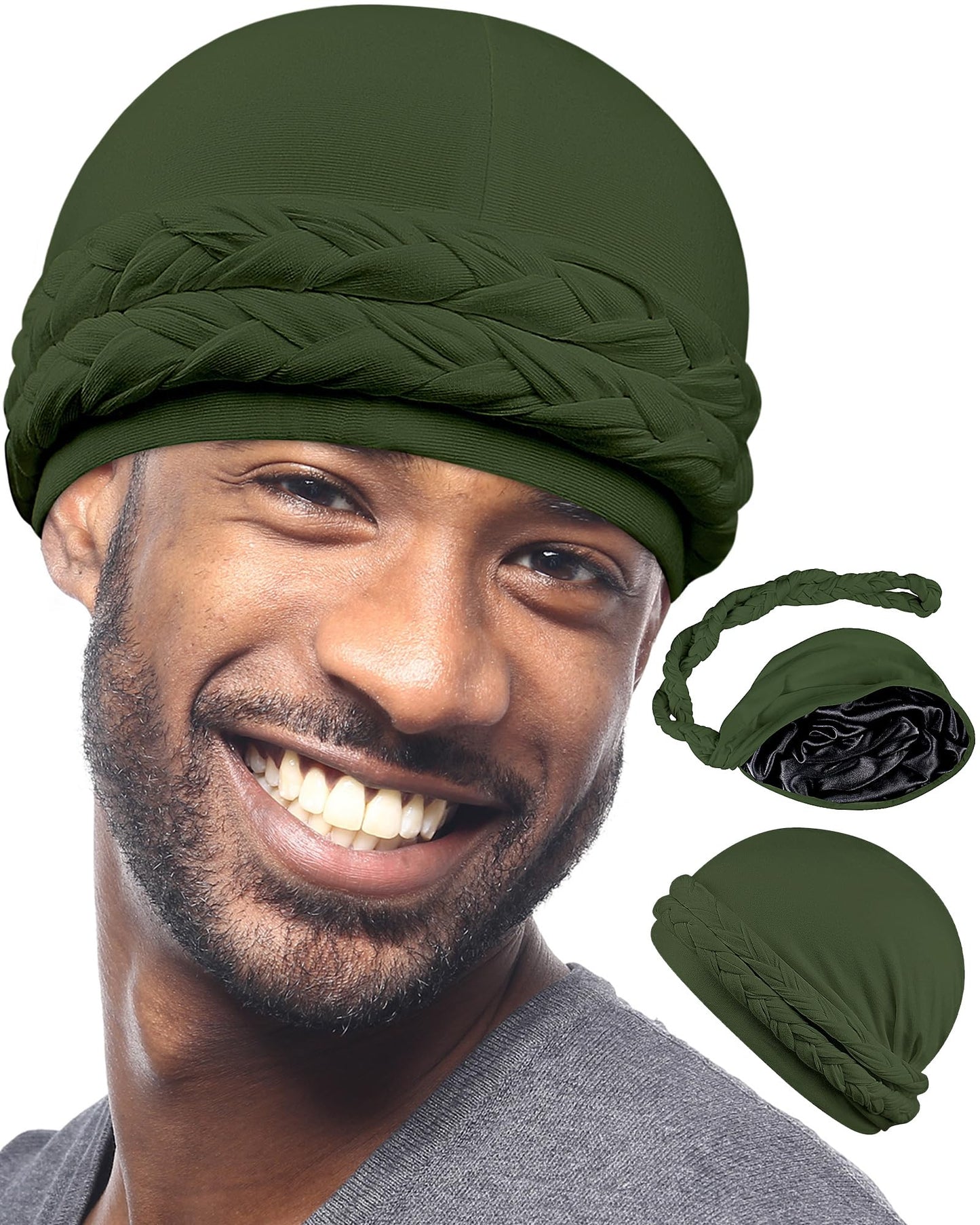 Babalet Halo Turban for Men Women Satin Lined Durag Skull Cap Pre-Tied Handmade Braids Tail Beanie Sleeping Bonnet,ArmyGreen