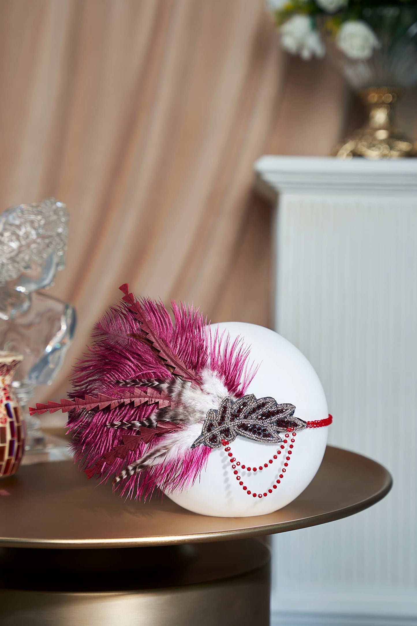 BABEYOND 1920s Headpiece Flapper Headband - Roaring 20's Sequined Showgirl Hair Band with Feather (Wine Red)