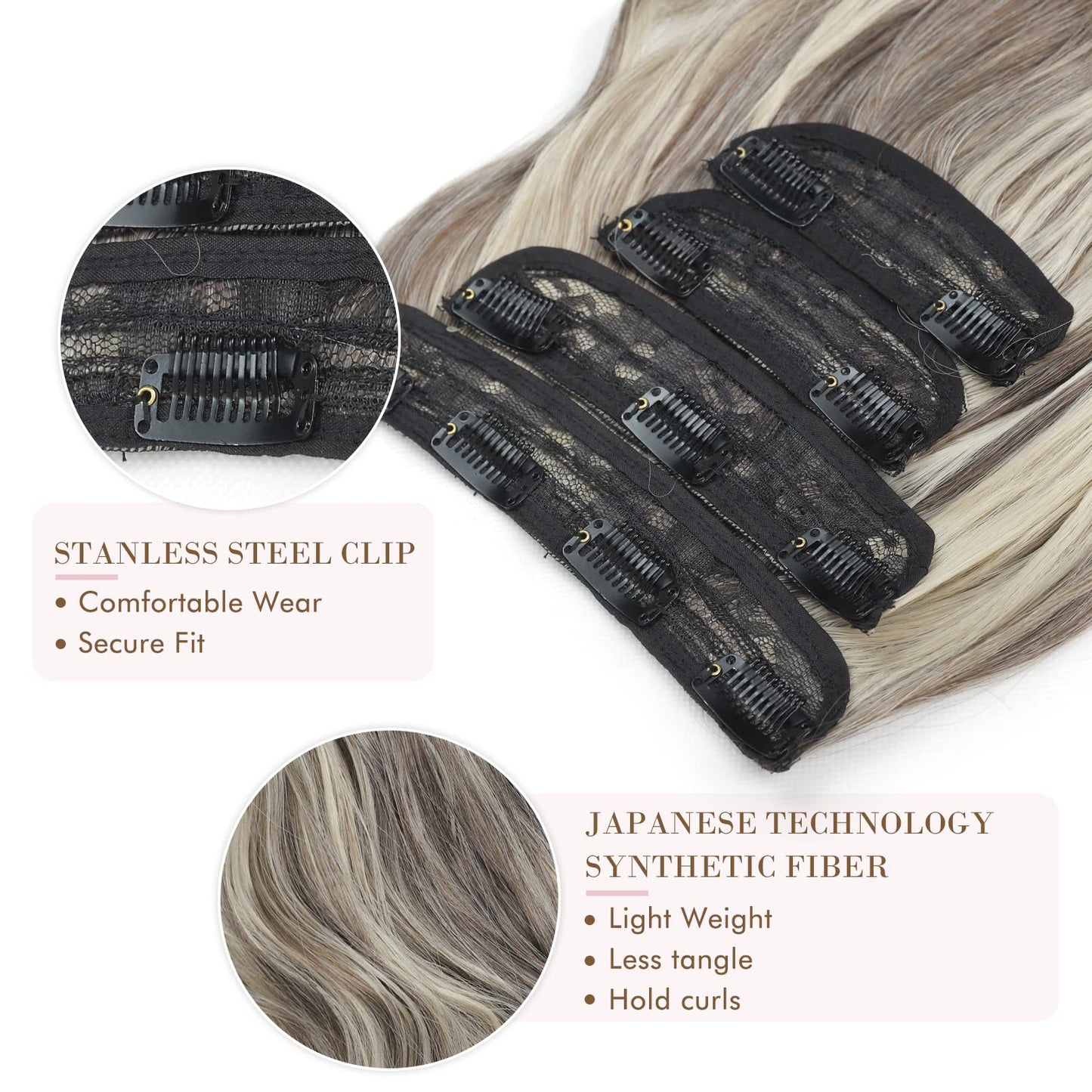 REECHO Hair Extensions, 4PCS Clip in Hair Extensions HE001 Natural Soft Synthetic Hairpieces for Women, Ash Brown with Platinum Blonde Highlights