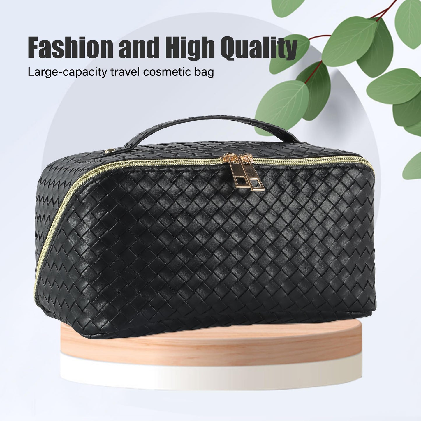 Mountain Land Large Capacity Travel Cosmetic Makeup Bag PU Leather Waterproof Women Portable Toiletries With Handle and Divider Flat Lay Organizer Woven Black