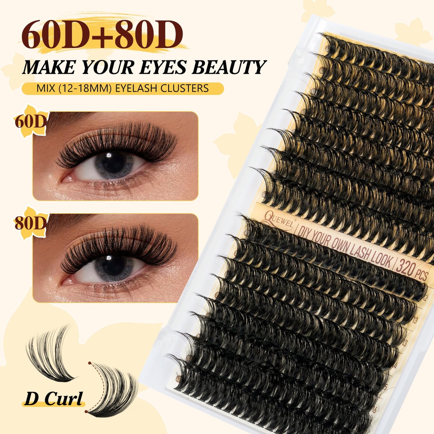 QUEWEL DIY Lash Extension Kit, 320Pcs 60D+80D Lash Clusters Kit Mix 12-18mm Fluffy Eyelash Clusters with Lash Bond and Seal and Lash Tweezers Easily Create Fluffy Lashes Clusters at Home (60+80D Kit)