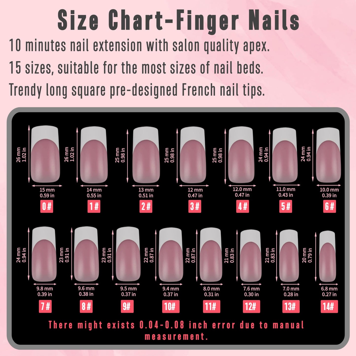 NOVO OVO French Tip Matching Press on Nail tips set, BERRY PINK Square Finger and Square Round Toe Nail Tips kit, Soft Gel Nail Extension, Pre-applied Tip Primer & Matte Base Coat x 15 Sizes 360 pcs